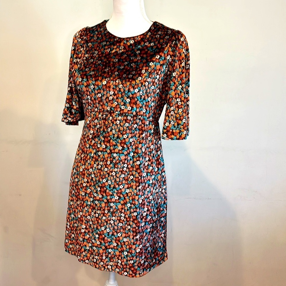 Zara Mod Floral Velvet Mini Dress Black Short Sleeve Size Medium